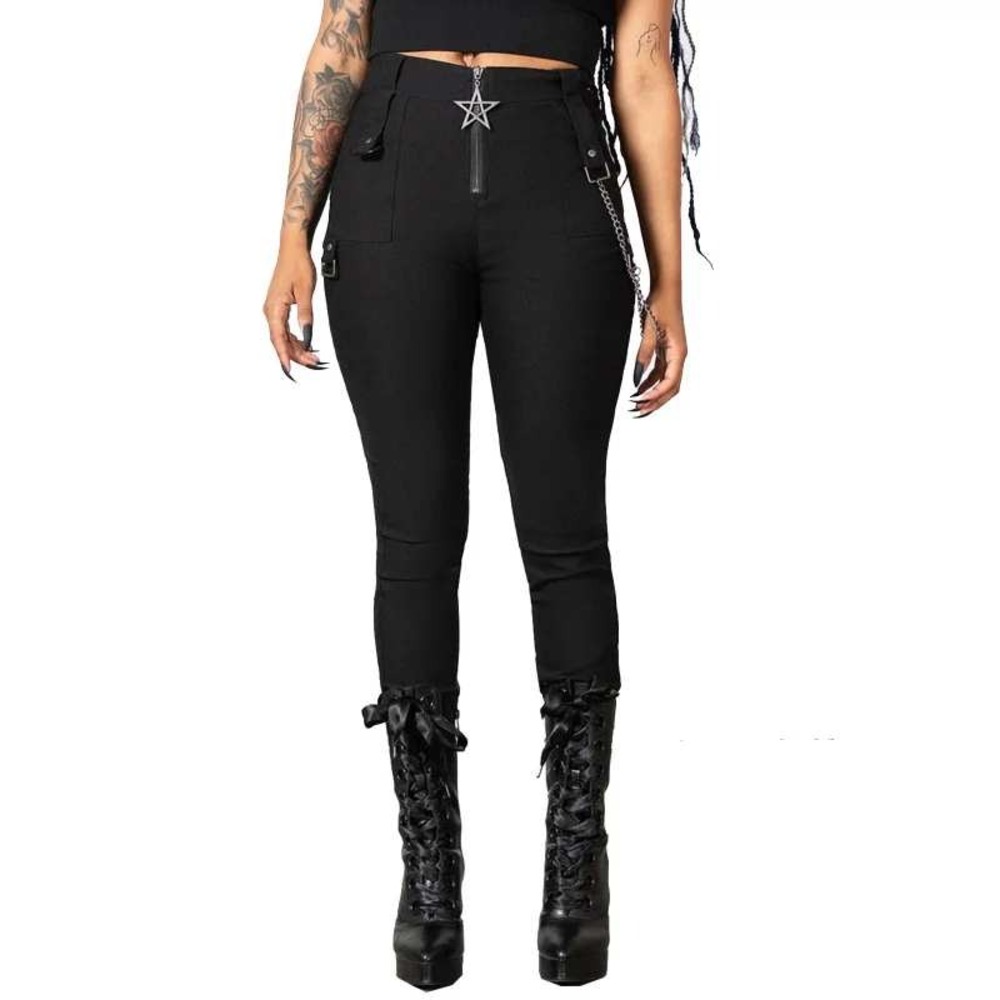 Killstar tartanarchist trousers in black with pentagram zip detail